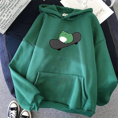 Skateboard Frog Cartoon Casual Loose Oversized Hoodie Sweater Sweatshirt Long Sleeve Pullover E-Girl Kawaii Korean Japanese Harajuku Streetwear