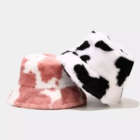 Cow Print Plush Bucket Hat Warm Soft Velvet Fishermen Cap Animal Print Winter Women E-Girl Kawaii Korean Japanese Harajuku Streetwear - Thumbnail 2