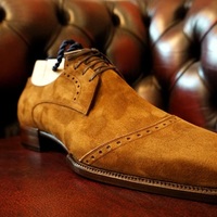 Luxury Split Design Hand Stitch Brown Oxford Lace Shoes, Brown Chukka Shoes - Thumbnail 1