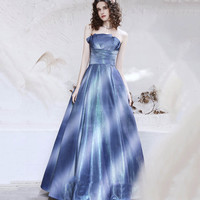 Unique satin long prom dress blue evening dress - Thumbnail 1