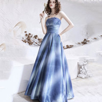 Unique satin long prom dress blue evening dress - Thumbnail 3