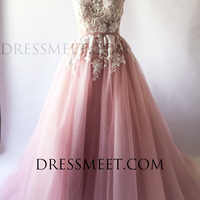 Cute Ball Gown V Neck Blush Pink Prom Dresses with Beading - Thumbnail 1