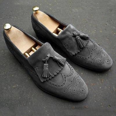 Handmade men grey fringe loafer formal shoes in genuine suede  - Thumbnail 3
