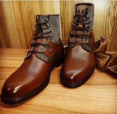 New Handmade Pure Brown Leather & Gray Suede Ankle Boots for Men's