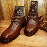 New Handmade Pure Brown Leather & Gray Suede Ankle Boots for Men's - Thumbnail 4
