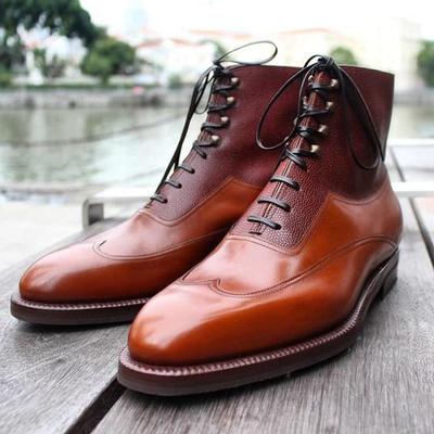 New handmade tan calf & genuine brown cow leather ankle boot for men's
