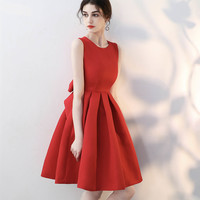 Red satin short prom dress cute party dress - Thumbnail 1