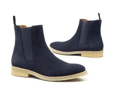 New Handmade Chelsea Suede Pure Leather Dark Blue Ankle Boots for Men's
