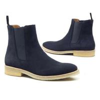 New Handmade Chelsea Suede Pure Leather Dark Blue Ankle Boots for Men's - Thumbnail 1