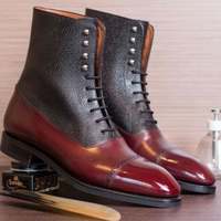 New Handmade Burgundy Calf & Genuine Dark Brown Cow Leather Ankle Boot for Men's - Thumbnail 1