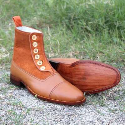 New Handmade Tan Button Boots Suede and Leather Boots For Men's