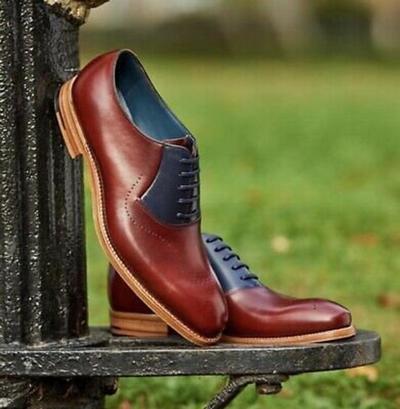 New Pure Handmade Burgundy & Blue Leather Lace up Brogue Shoes for Men's
