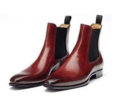 New Handmade Chelsea Burgundy Shaded Pure Leather Ankle Boots for Men's