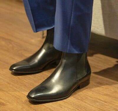 New Handmade Chelsea Black Pure Leather Ankle Boots for Men's