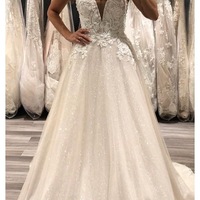 Sparkly A Line V Neck Straps Glitter Tulle Wedding Dress with Appliques - Thumbnail 1