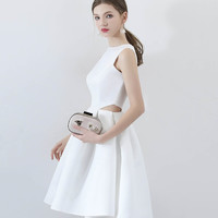 White satin short prom dress cute evening dress - Thumbnail 3