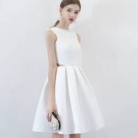 White satin short prom dress cute evening dress - Thumbnail 2