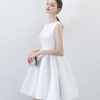 Cute A line satin short prom dress homecoming dress - Thumbnail 1