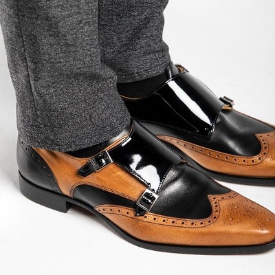 New handmade two tone patent tan black double buckle monks wingtip brogue toe leather wedding shoes - Thumbnail 3