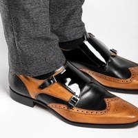 New Handmade Two Tone Patent Tan Black Double Buckle Monks WingTip Brogue Toe Leather Wedding Shoes - Thumbnail 1