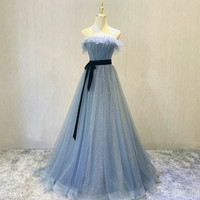 Blue tulle long prom dress blue evening dress - Thumbnail 1