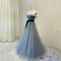 Blue tulle long prom dress blue evening dress - Thumbnail 4