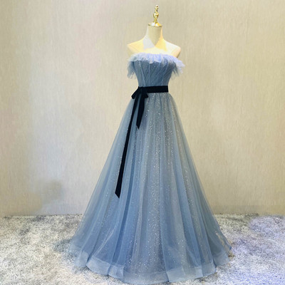 Blue tulle long prom dress blue evening dress - Thumbnail 2