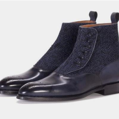 Handmade mens two tone blue leather and fabric button boot - Thumbnail 2