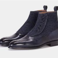 Handmade Mens Two Tone Blue Leather and Fabric Button Boot - Thumbnail 1