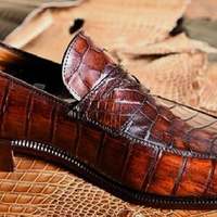 Mens Handmade Brown Crocodile Texture Leather Moccasin Shoe - Thumbnail 1