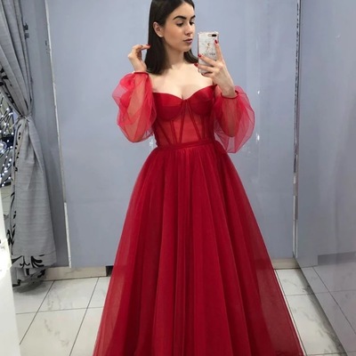 Burgundy tulle long sleeves prom dress a line formal dress,788