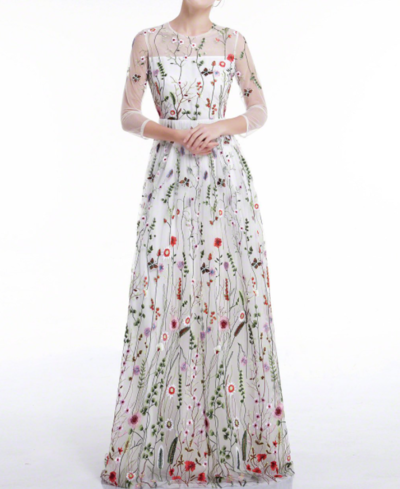 White Prom DressTulle Colorful Floral Embroidery Whimsical Maxi Evening Dress with Sheer 3/4 Sleeves Prom Dress,789