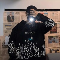 White Black Flame Fire Cartoon Casual Loose Oversized Hoodie Sweater Sweatshirt Long Sleeve Pullover E-Girl Kawaii Korean Japanese Harajuku Streetwear - Thumbnail 2