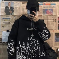 White Black Flame Fire Cartoon Casual Loose Oversized Hoodie Sweater Sweatshirt Long Sleeve Pullover E-Girl Kawaii Korean Japanese Harajuku Streetwear - Thumbnail 3