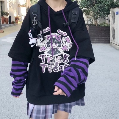 Anime Girl Cartoon Casual Stripe Loose Oversized Hoodie Sweater Sweatshirt Long Sleeve Pullover E-Girl Kawaii Korean Japanese Harajuku Streetwear