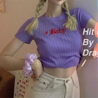 Pastel Pink Baby Embroidery Knit Short Sleeve Shirt Top T-shirt Summer Casual E-Girl Kawaii Korean Japanese Harajuku Streetwear - Thumbnail 2