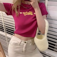 Pastel Pink Baby Embroidery Knit Short Sleeve Shirt Top T-shirt Summer Casual E-Girl Kawaii Korean Japanese Harajuku Streetwear - Thumbnail 3