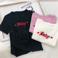 Pastel Pink Baby Embroidery Knit Short Sleeve Shirt Top T-shirt Summer Casual E-Girl Kawaii Korean Japanese Harajuku Streetwear - Thumbnail 8