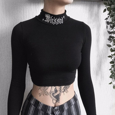 Black Rebel Letter Embroidery Turtleneck Crop Top Long Sleeve Shirt T-shirt Top Goth Punk Casual E-Girl Kawaii Korean Japanese Harajuku Streetwear