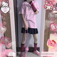 Cute Pastel Pink Anime Cartoon Print Rabbit Letter Short Sleeve Shirt T-shirt Top E-Girl Kawaii Korean Japanese Harajuku Streetwear - Thumbnail 4