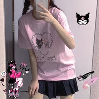 Cute Pastel Pink Anime Cartoon Print Rabbit Letter Short Sleeve Shirt T-shirt Top E-Girl Kawaii Korean Japanese Harajuku Streetwear - Thumbnail 5