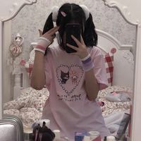 Cute Pastel Pink Anime Cartoon Print Rabbit Letter Short Sleeve Shirt T-shirt Top E-Girl Kawaii Korean Japanese Harajuku Streetwear - Thumbnail 8