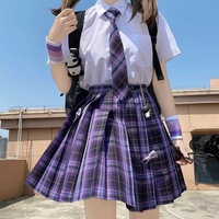 Purple Black Pleated Plaid Skirt Mini High Waisted School Girl Cosplay Sailor E-Girl Kawaii Korean Japanese Harajuku Streetwear - Thumbnail 2