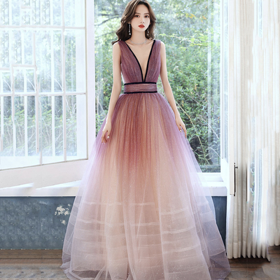 Pink v neck tulle long prom dress evening dress - Thumbnail 3