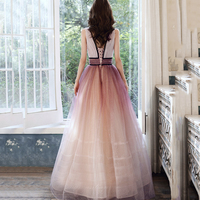 Pink v neck tulle long prom dress evening dress - Thumbnail 3