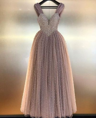 Cute A Line V Neck Grey Tulle Beading Prom Dresses with Pearls