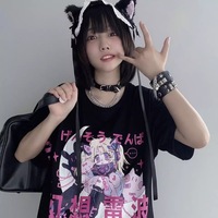Anime Cartoon Print Grunge Loose Steampunk Goth Punk Short Sleeve Shirt T-shirt Top Summer Causal E-Girl Kawaii Korean Japanese Harajuku Streetwear - Thumbnail 1