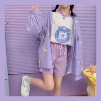Pastel Purple Anime Star Moon Cartoon Blouse Oversized Long Sleeve Shirt Loose Button Autumn Winter E-Girl Kawaii Korean Japanese Harajuku Streetwear - Thumbnail 2