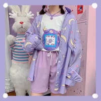 Pastel Purple Anime Star Moon Cartoon Blouse Oversized Long Sleeve Shirt Loose Button Autumn Winter E-Girl Kawaii Korean Japanese Harajuku Streetwear - Thumbnail 3