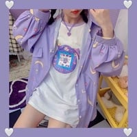 Pastel Purple Anime Star Moon Cartoon Blouse Oversized Long Sleeve Shirt Loose Button Autumn Winter E-Girl Kawaii Korean Japanese Harajuku Streetwear - Thumbnail 5